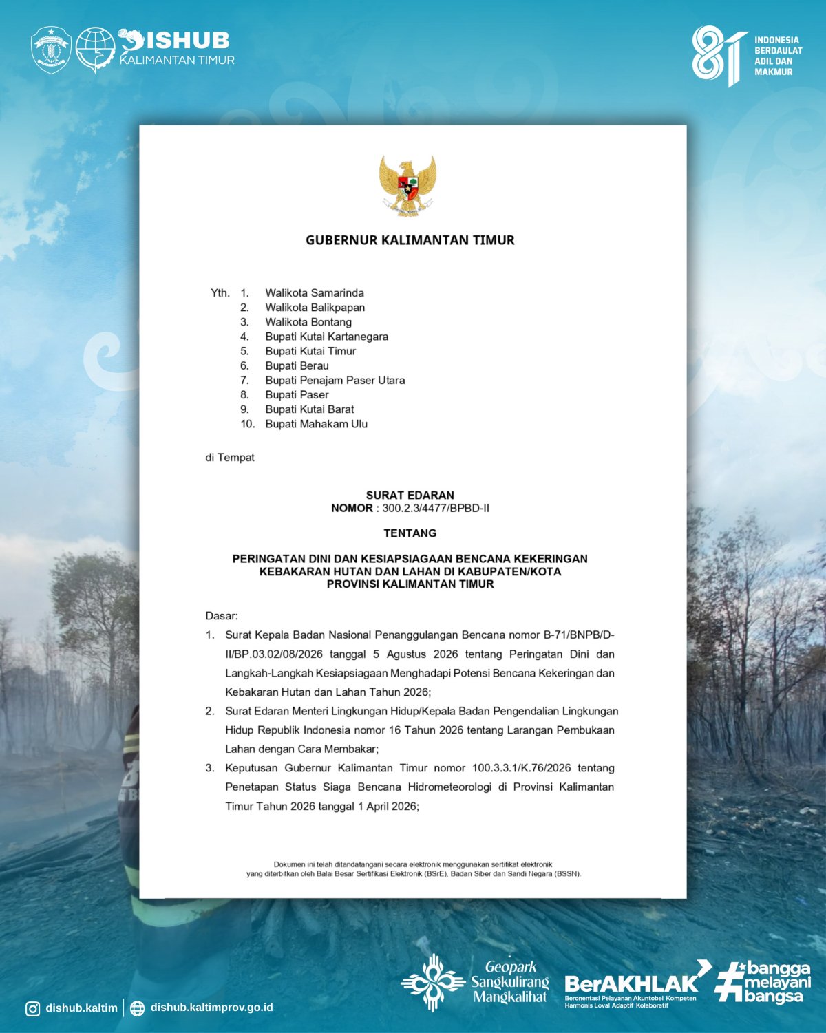 Halaman 1 Surat Edaran Gubernur Kalimantan Timur Nomor 300.2.3/4477/BPBD-II — kepala surat dan dasar penerbitan.