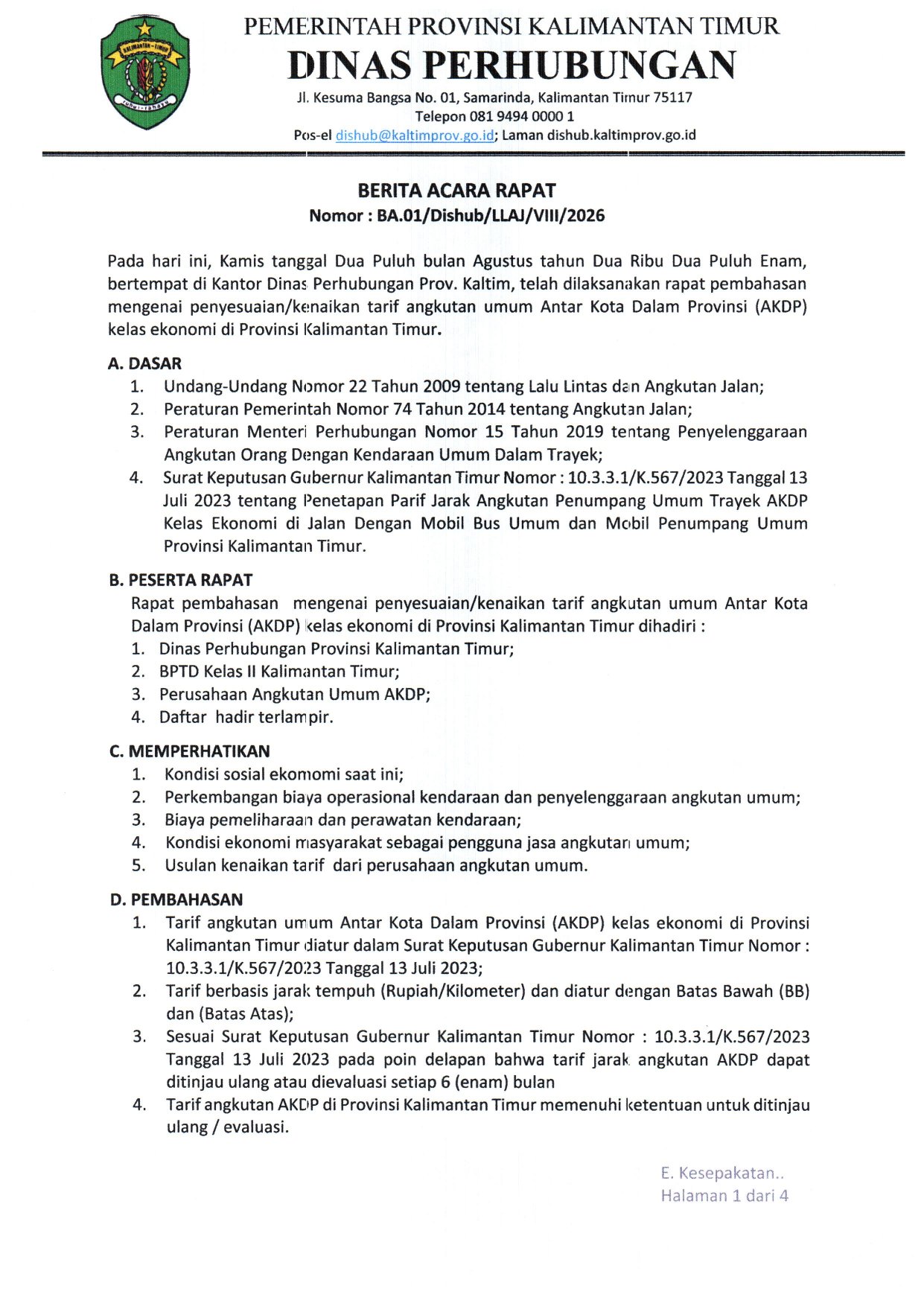 Halaman 1 Berita Acara Rapat Nomor BA.01/Dishub/LLAJ/VIII/2026 — dasar, peserta rapat, hal yang diperhatikan, dan pembahasan penyesuaian tarif AKDP.