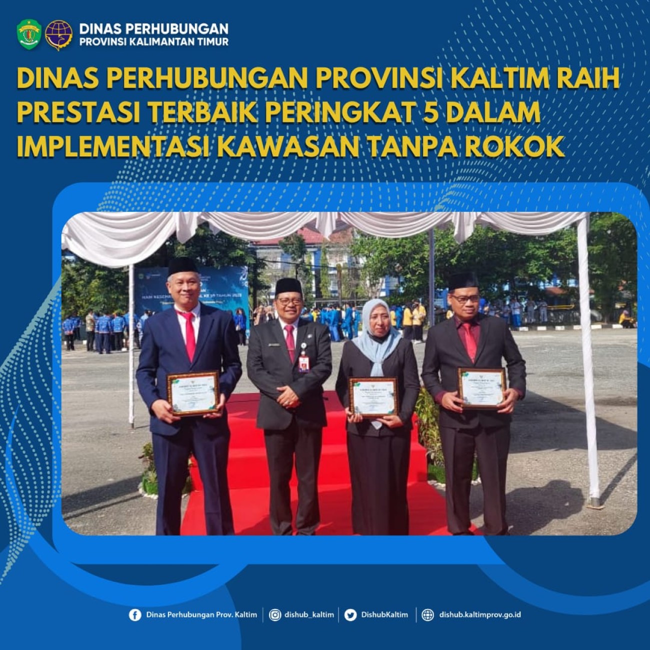 Dinas Perhubungan Provinsi Kalimantan Timur (Kaltim) meraih prestasi terbaik peringkat 5 dalam penilaian Implementasi Kawasan Tanpa Rokok (KTR) pada OPD Tingkat Provinsi Kalimantan Timur 2023